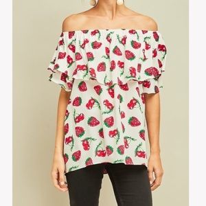 Entro Off White Strawberry Print Off Shoulder Top